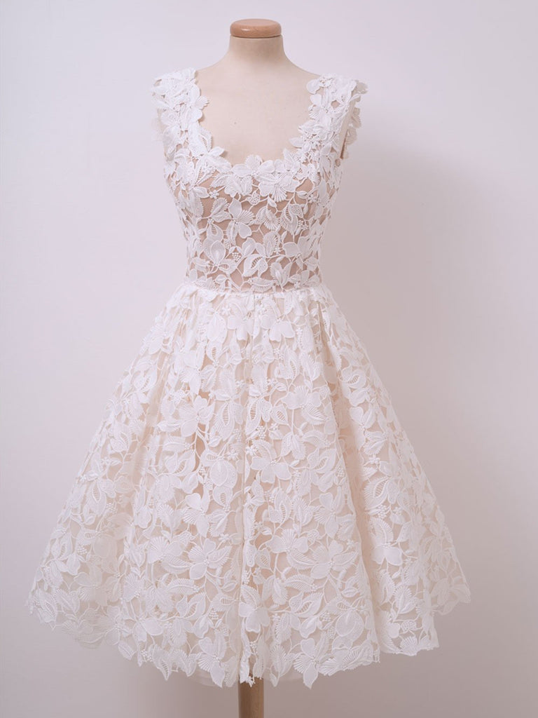 Cute Ivory Lace Short Prom Dresses White Homecoming Dresses, Lace Grad Shiny Party Cute Ivory Lace Short Prom Dresses White Homecoming Dresses, Lace Grad Shiny Party