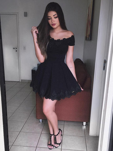 Cute Off Shoulder Lace Black Short Prom Dresses Homecoming Dresses, Off Shoulder Black Formal Dresses, Evening Dresses
