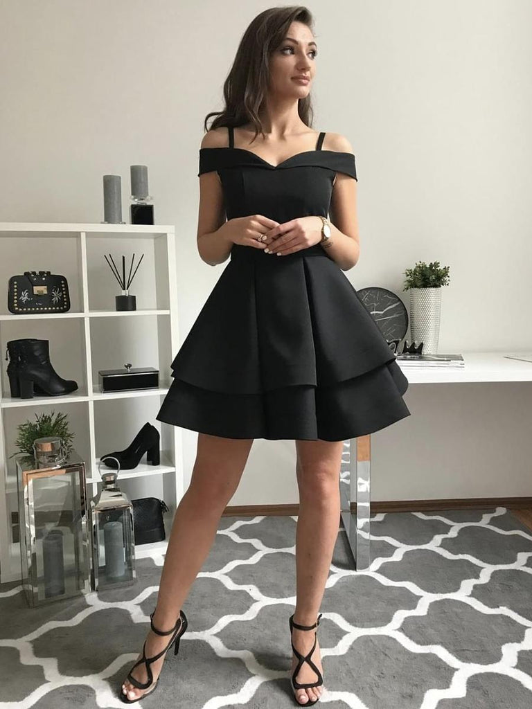 Cute Off Shoulder Layered Black Short Prom Dresses, Off Shoulder Layer ...