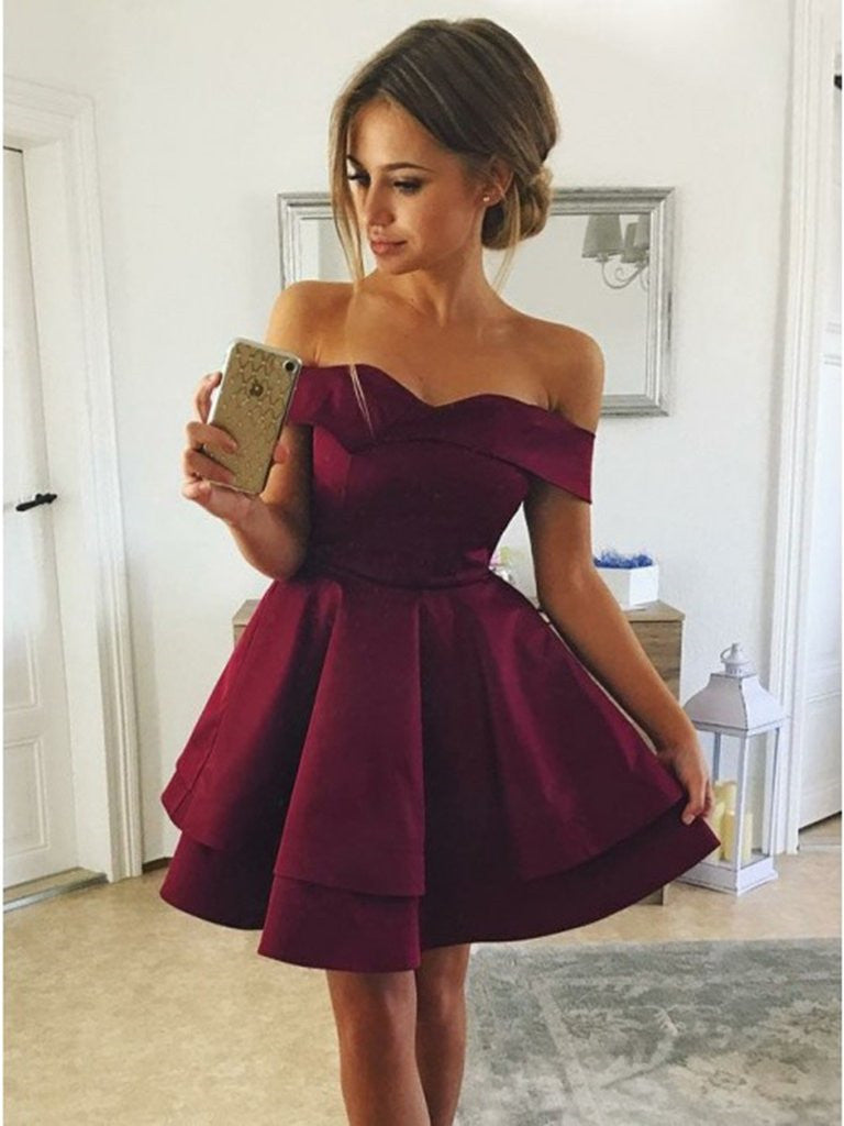 Cute Off Shoulder Layered Burgundy Short Prom Dresses, Layered Burgundy Homecoming Dresses Cute Off Shoulder Layered Burgundy Short Prom Dresses, Layered Burgundy Homecoming Dresses