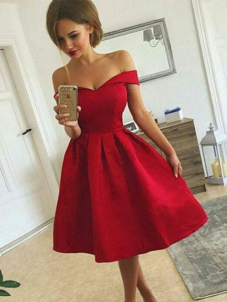 Cute Off Shoulder Red Satin Short Prom Dresses, Off Shoulder Red Homec Shiny Party Cute Off Shoulder Red Satin Short Prom Dresses, Off Shoulder Red Homec Shiny Party