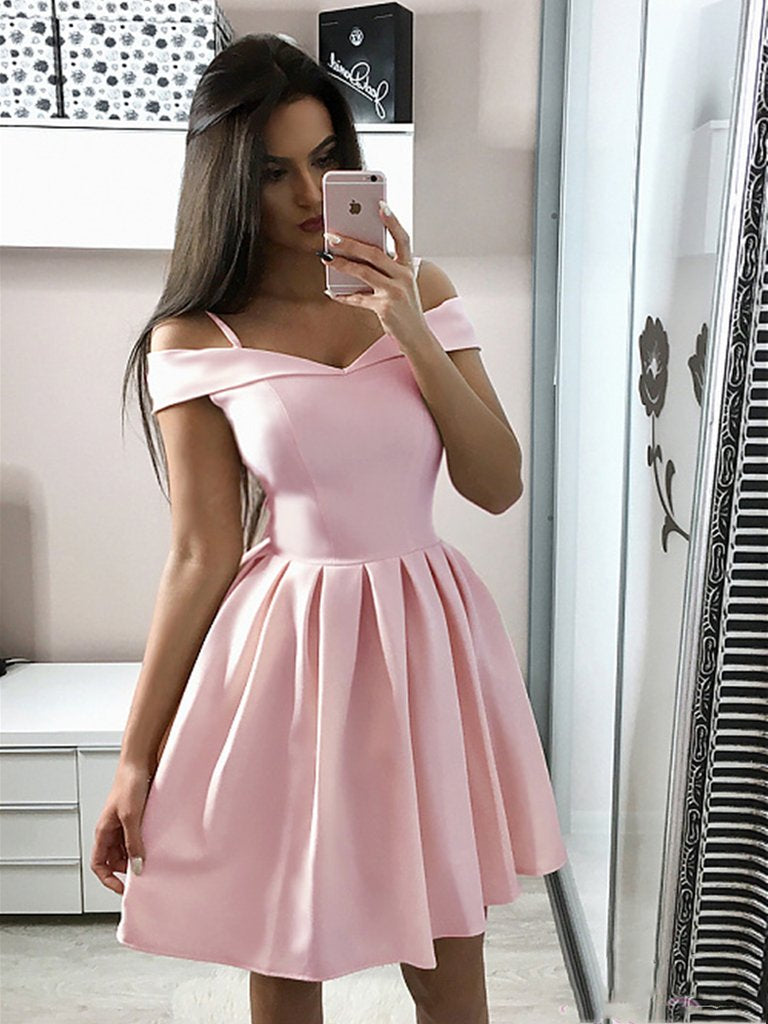 Cute Off The Shoulder Pink Homecoming Dresses Short Prom Dresses, Off Shiny Party Cute Off The Shoulder Pink Homecoming Dresses Short Prom Dresses, Off Shiny Party