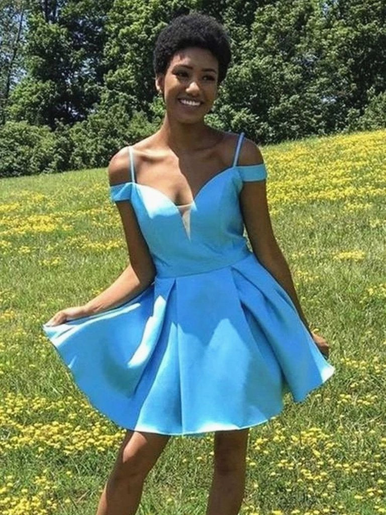 Cute Off the Shoulder Blue Short Prom Dresses Homecoming Dresses, Off Shoulder Blue Formal Graduation Evening Dresses Cute Off the Shoulder Blue Short Prom Dresses Homecoming Dresses, Off Shoulder Blue Formal Graduation Evening Dresses
