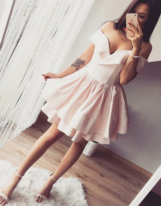 Cute Off the Shoulder Layered Pink Homecoming Dresses Short Prom Dresses, Off Shoulder Pink Formal Dresses, Evening Dresses Cute Off the Shoulder Layered Pink Homecoming Dresses Short Prom Dresses, Off Shoulder Pink Formal Dresses, Evening Dresses