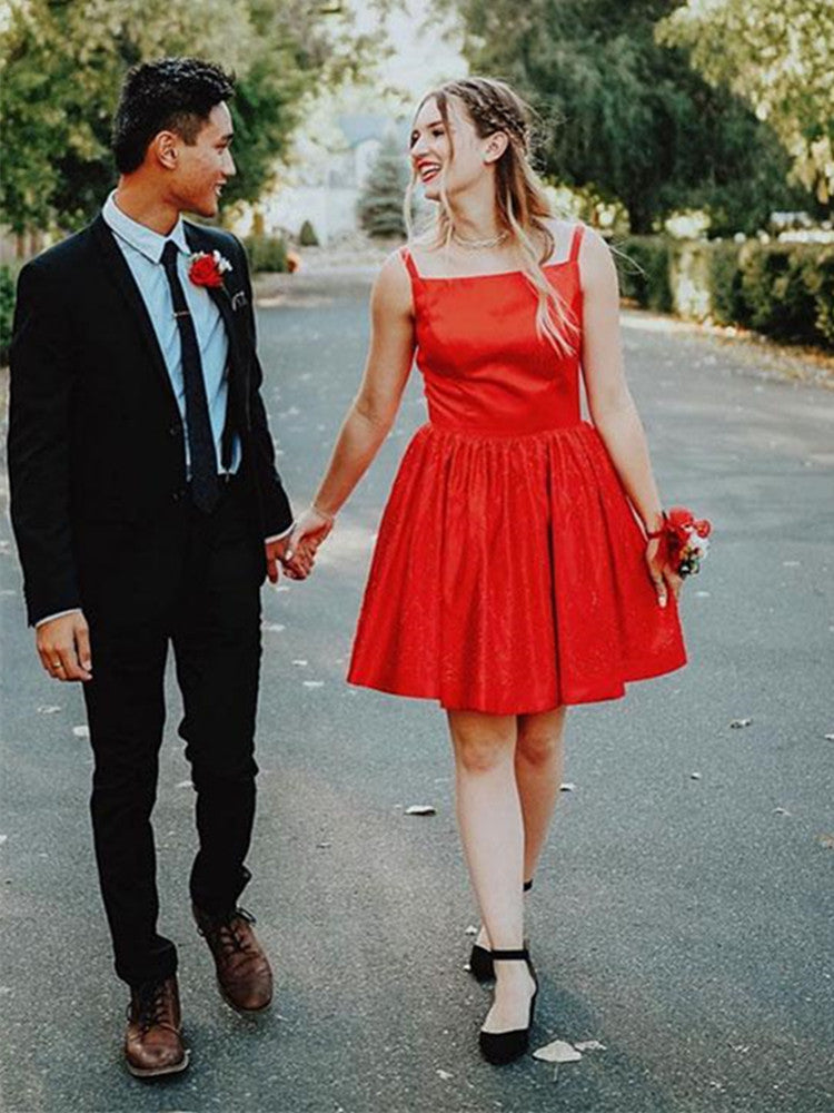 Cute Red Satin Short Prom Dresses Homecoming Dresses, Mini Red Formal Dresses, Graduation Dresses