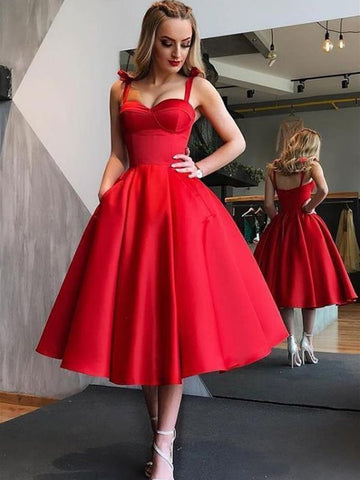 Cute Red Spaghetti Straps Backless Stain Pleated Homecoming Dresses with Pocket, Red Tea Length Prom Dresses, Formal Dresses
