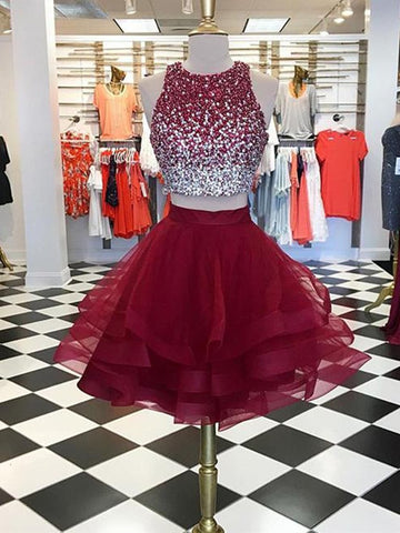 Cute Round Neck 2 Pieces Beading Burgundy Tulle Short Prom Dresses, 2 Pieces Burgundy Homecoming Dresses, Formal Dresses