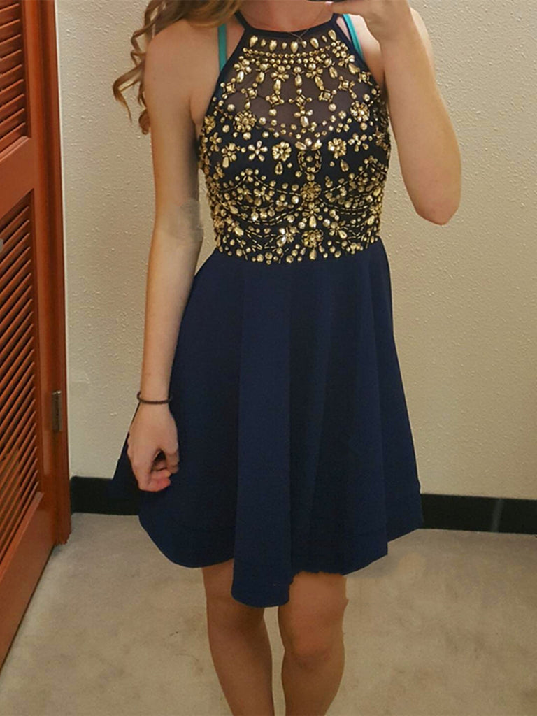 Cute Round Neck Rhinestones Dark Blue Short Prom Dresses, Dark Blue Ho Shiny Party Cute Round Neck Rhinestones Dark Blue Short Prom Dresses, Dark Blue Ho Shiny Party