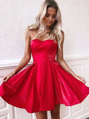 Cute Strapless Backless Red Homecoming Dresses Short Prom Dresses, Backless Red Formal Dresses, Red Evening Dresses, Graduation Dresses