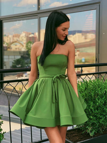 Cute Strapless Green Short Prom Dresses Homecoming Dresses, Strapless Green Formal Graduation Evening Dresses
