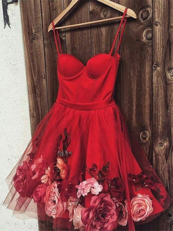 Cute Sweetheart Neck Burgundy Prom Dresses with Flowers, Burgundy Homecoming Dresses