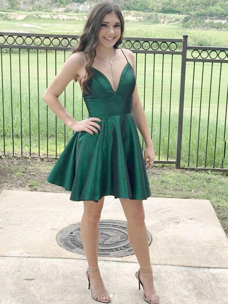 Cute V Neck Green Short Prom Dresses, V Neck Green Homecoming Dresses, Evening Dresses
