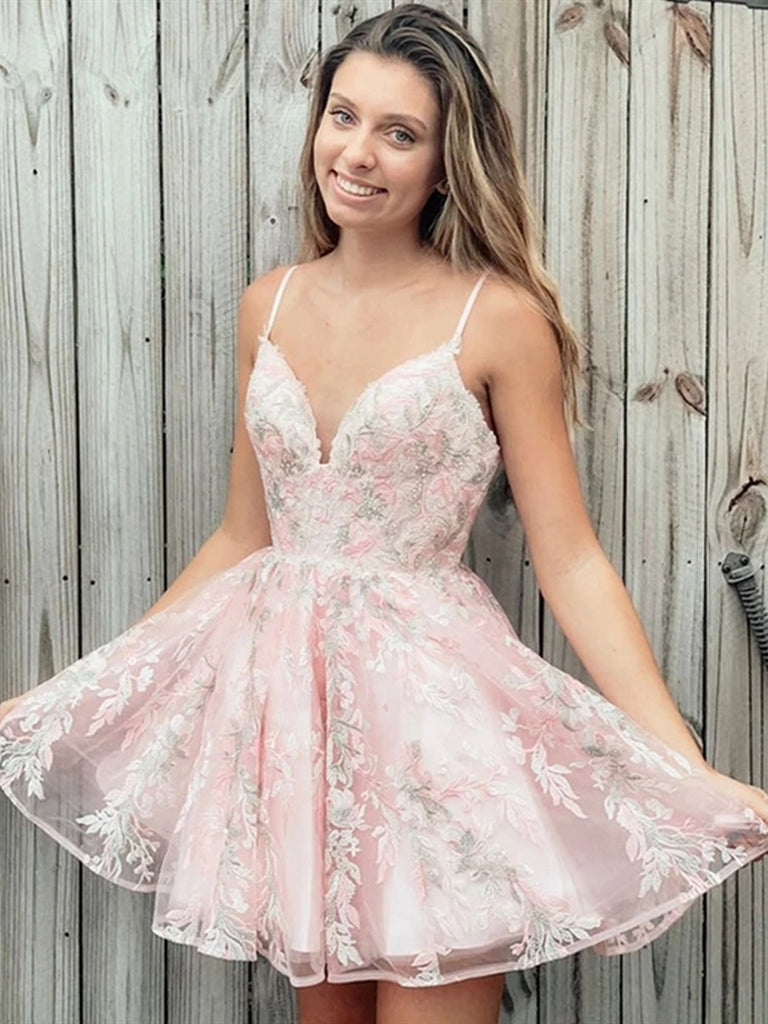 Cute V Neck Lace Appliques Pink Short Prom Dresses Homecoming Dresses, Lace Pink Formal Graduation Evening Dresses Cute V Neck Lace Appliques Pink Short Prom Dresses Homecoming Dresses, Lace Pink Formal Graduation Evening Dresses
