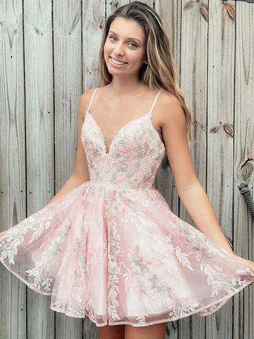 Cute V Neck Lace Appliques Pink Short Prom Dresses Homecoming Dresses, Lace Pink Formal Graduation Evening Dresses