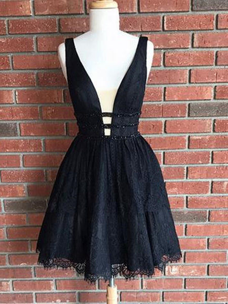 Cute V Neck Lace Black Short Prom Dresses, Black Homecoming Dresses