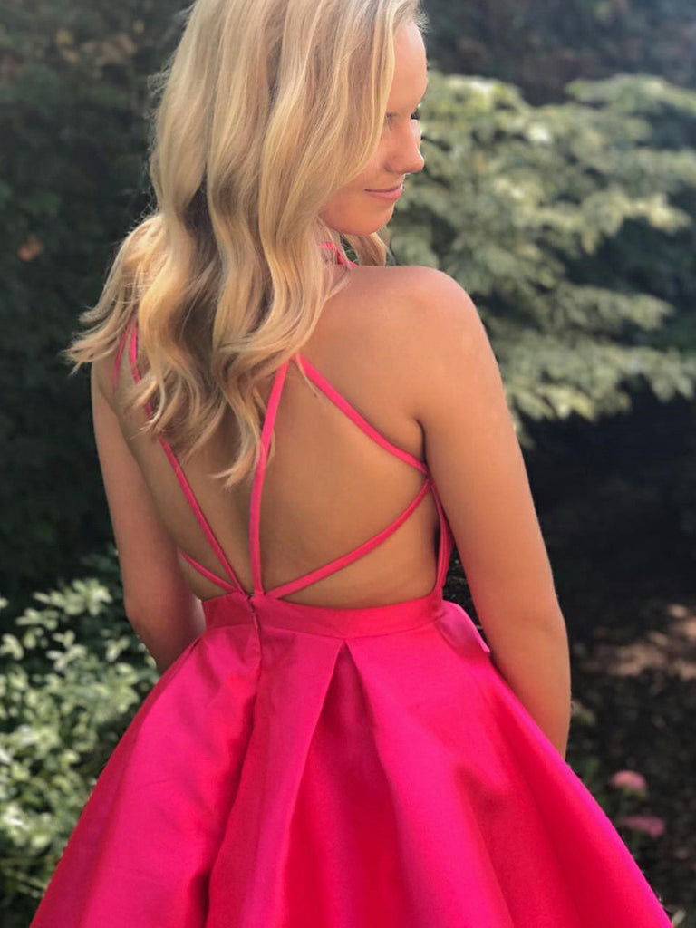 Cute V Neck Open Back Fuchsia Short Prom Dresses Homecoming Dresses, F Shiny Party Cute V Neck Open Back Fuchsia Short Prom Dresses Homecoming Dresses, F Shiny Party