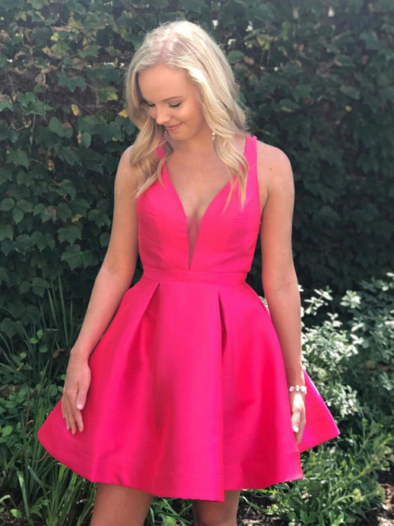 Cute V Neck Open Back Fuchsia Short Prom Dresses Homecoming Dresses, F Shiny Party Cute V Neck Open Back Fuchsia Short Prom Dresses Homecoming Dresses, F Shiny Party