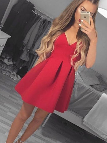 Cute V Neck Red Prom Dresses, Red Homecoming Dresses