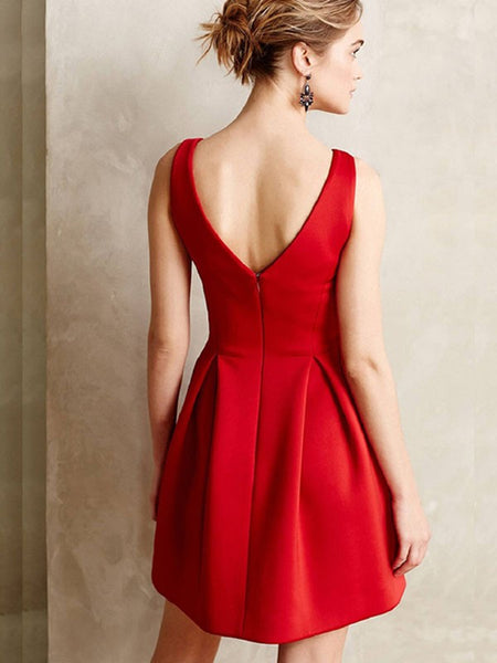 Cute V Neck Sleeveless Red Short Prom Dresses Homecoming Dresses, Red Satin Formal Dresses, Red Evening Dresses