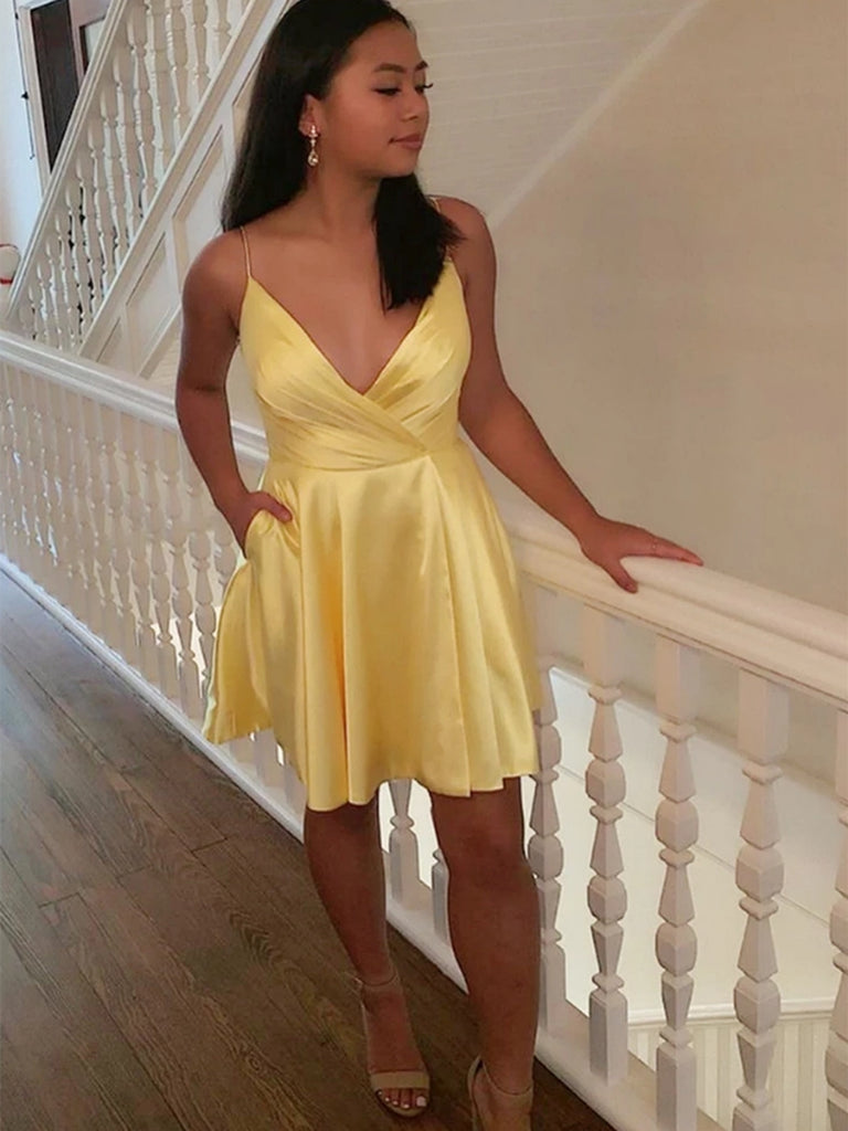 Cute V Neck Yellow Satin Short Prom Dresses Homecoming Dresses, V Neck Shiny Party Cute V Neck Yellow Satin Short Prom Dresses Homecoming Dresses, V Neck Shiny Party