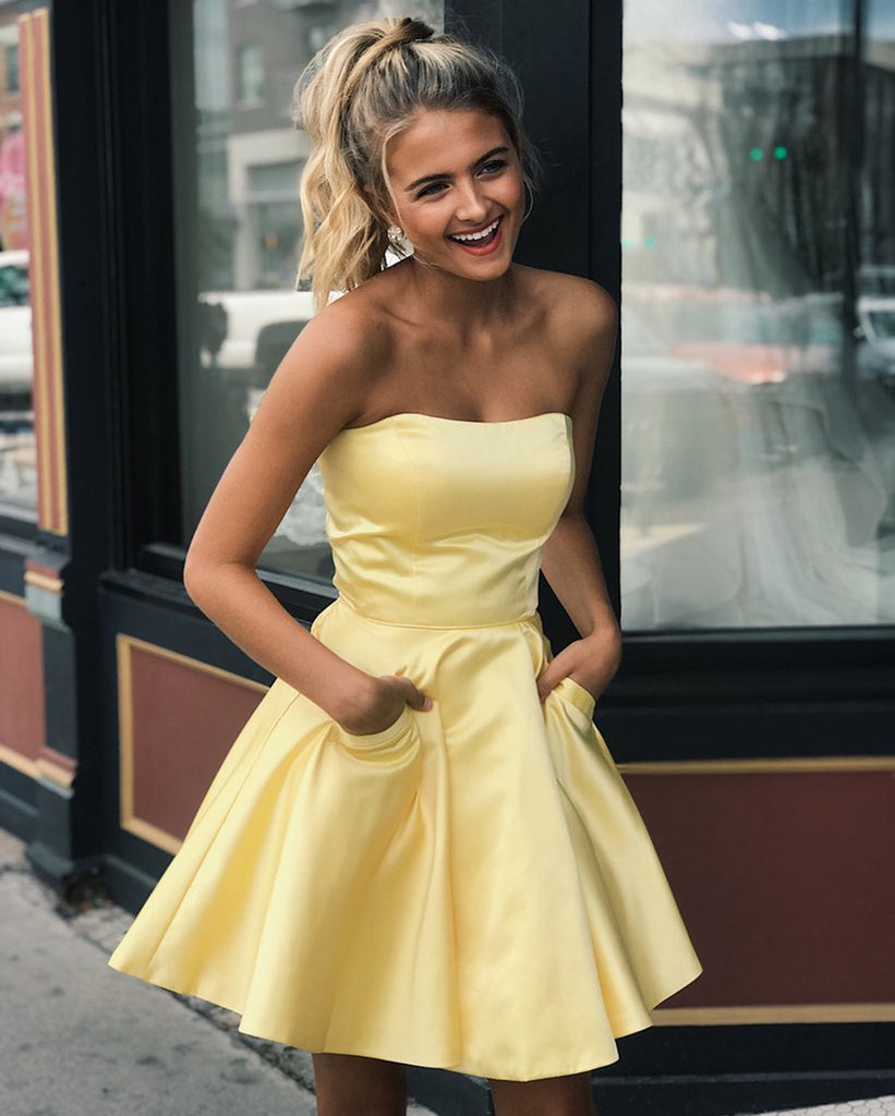 Cute Yellow Satin Strapless Short Prom Dresses with Pockets