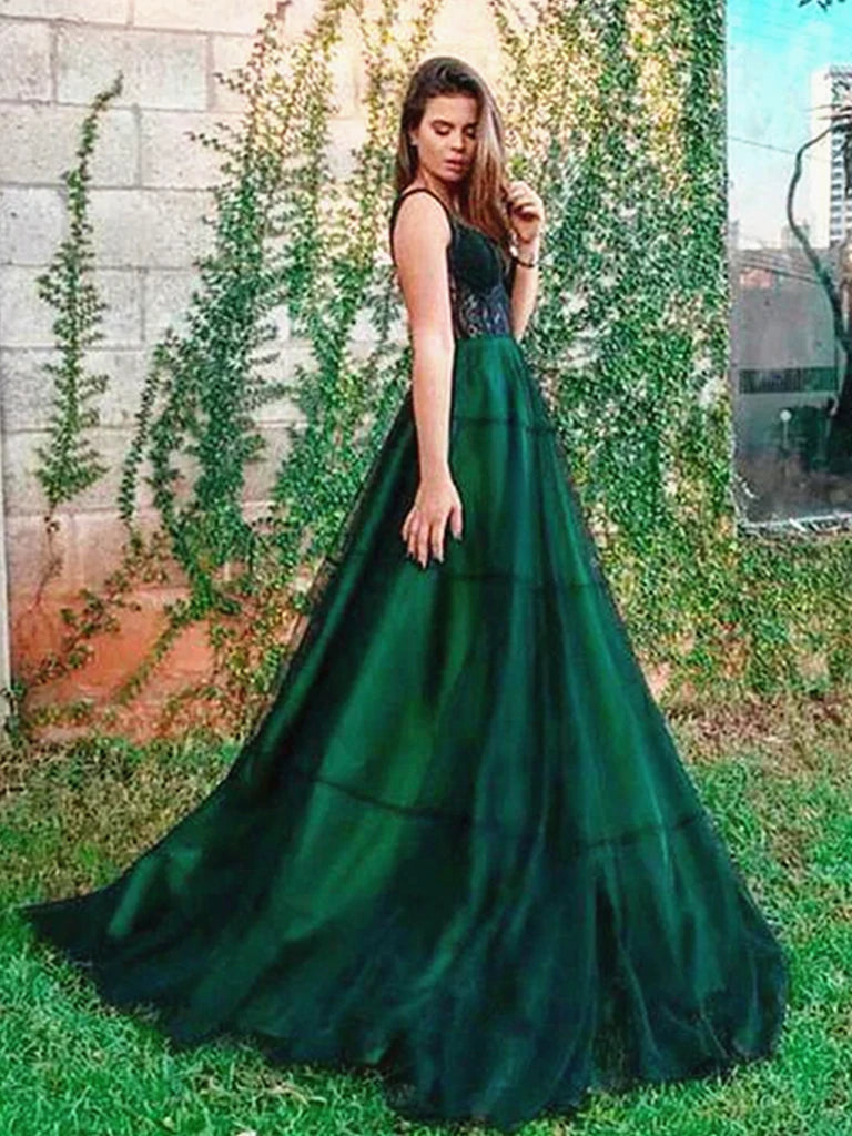 Dark Green Lace Tulle Long Prom Dresses, Dark Green Formal