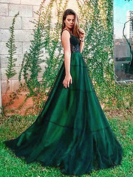 Dark Green Lace Tulle Long Prom Dresses, Dark Green Formal Graduation Evening Dresses with Lace Appliques SP2366