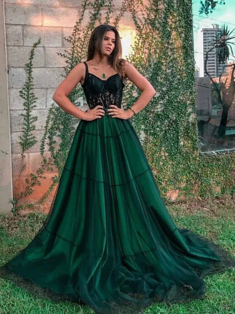 Dark Green Lace Tulle Long Prom Dresses, Dark Green Formal Graduation Evening Dresses with Lace Appliques SP2366 Dark Green Lace Tulle Long Prom Dresses, Dark Green Formal Graduation Evening Dresses with Lace Appliques SP2366
