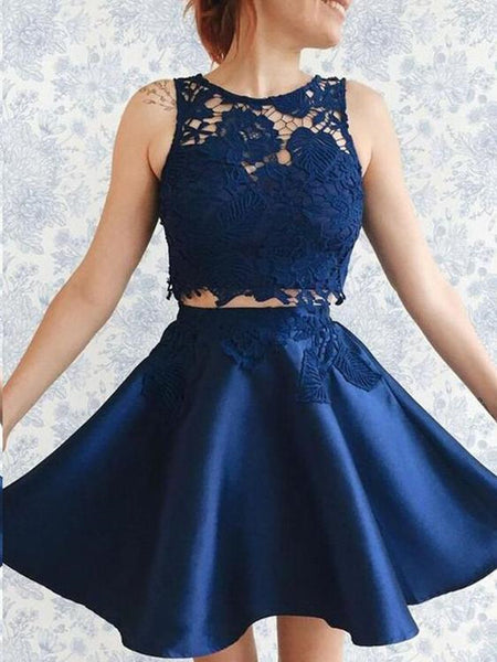 Dark Blue Round Neck Two Pieces Lace Prom Dresses, Dark Blue Lace Home
