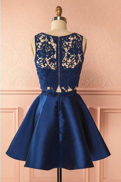 Dark Blue Round Neck Two Pieces Lace Prom Dresses, Dark Blue Lace Homecoming Dresses