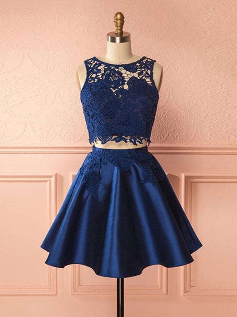 Dark Blue Round Neck Two Pieces Lace Prom Dresses, Dark Blue Lace Home Shiny Party Dark Blue Round Neck Two Pieces Lace Prom Dresses, Dark Blue Lace Home Shiny Party