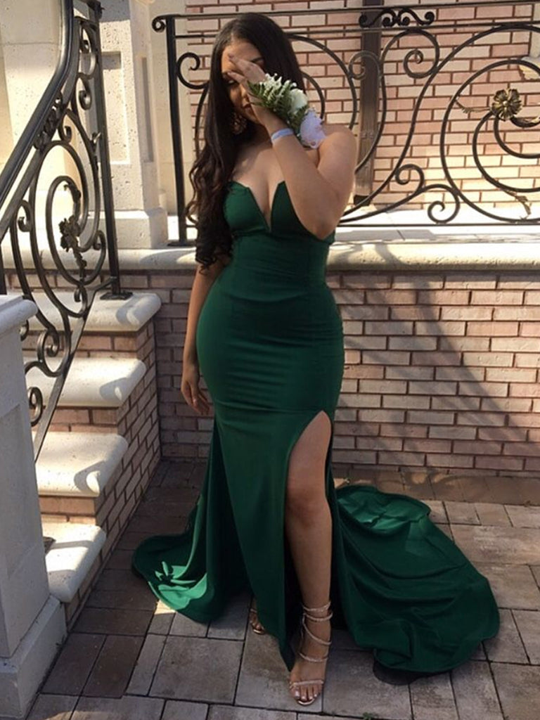 Dark Green Strapless Mermaid Split Long Prom Dresses with Sweep Train, Shiny Party Dark Green Strapless Mermaid Split Long Prom Dresses with Sweep Train, Shiny Party