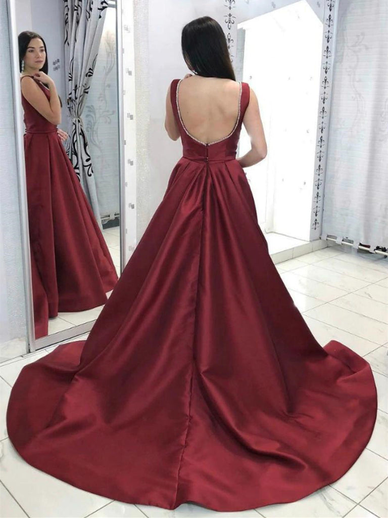 Deep V Neck Backless Burgundy Satin Long Prom Dresses, Backless Burgun Shiny Party Deep V Neck Backless Burgundy Satin Long Prom Dresses, Backless Burgun Shiny Party