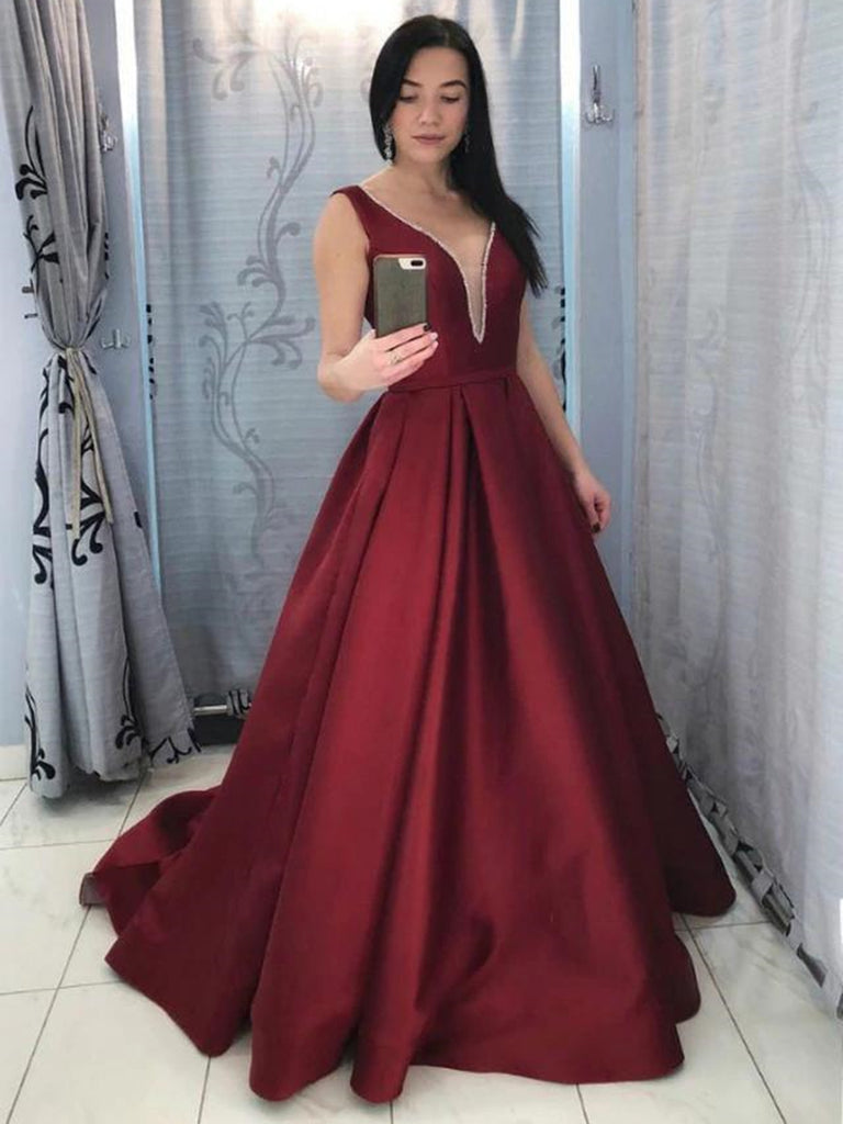 deep burgundy prom dresses Elegant Straps Ball Gown Beaded Burgundy Long Prom Dress PSK180 US14 / Custom Color