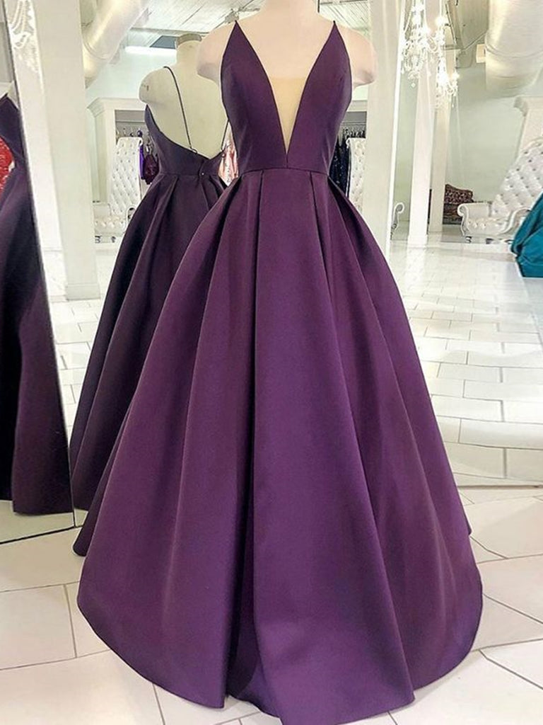 Deep V Neck Backless Purple Satin Long Prom Dresses, Backless Purple F Shiny Party Deep V Neck Backless Purple Satin Long Prom Dresses, Backless Purple F Shiny Party