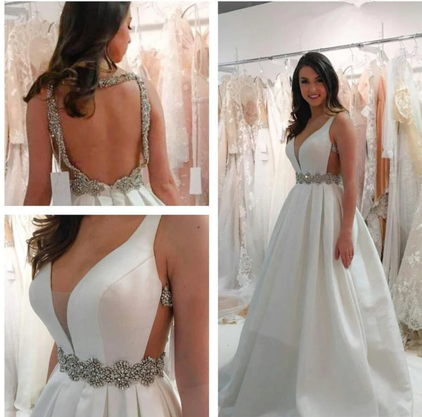 Deep V Neck Backless White  Wedding Dress, Deep V Neck Prom Dresses, White Formal Dresses