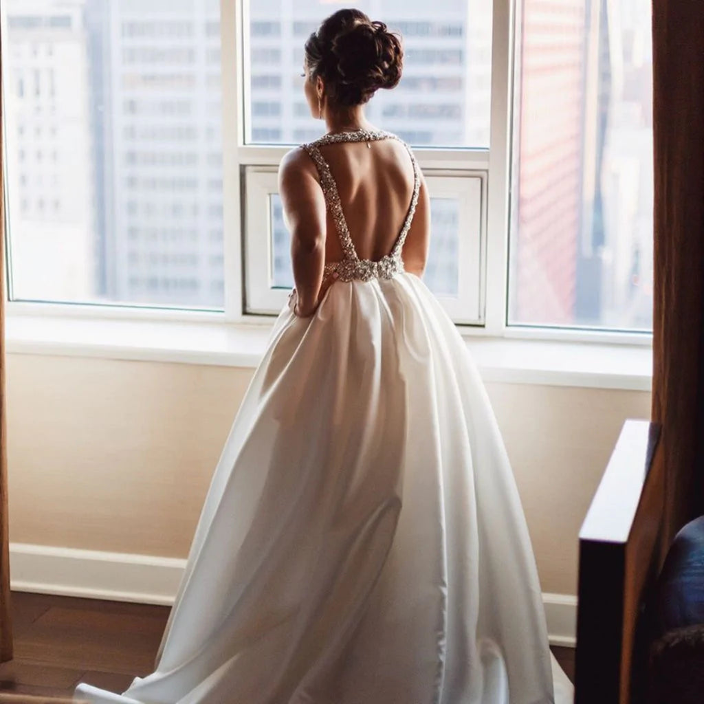 Deep V Neck Backless White Wedding Dress, Deep V Neck Prom Dresses, White Formal Dresses Deep V Neck Backless White Wedding Dress, Deep V Neck Prom Dresses, White Formal Dresses