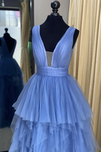 Deep V Neck Blue Layered Long Prom Dresses, Long Blue Formal Evening Dresses