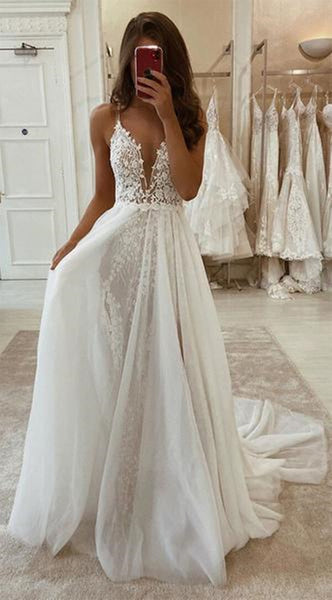 Deep V Neck Ivory Lace Long Wedding Dresses, White Lace Formal Evening Prom Dresses with High Split