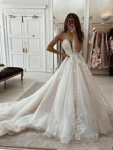 Deep V Neck Ivory Lace Prom Dresses with Sweep Train, Ivory Lace Formal Evening Wedding Dresses