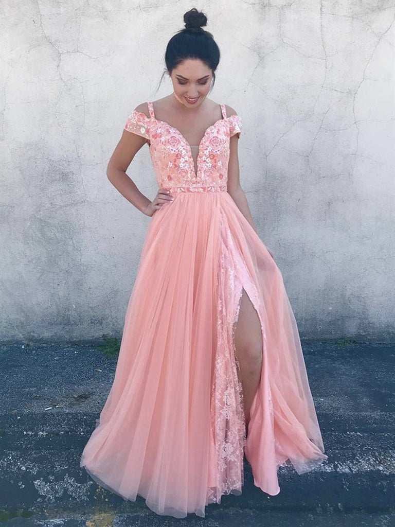 Deep V Neck Off Shoulder Pink Lace Floral Prom Dresses, Off the Shoulder Pink Formal Dresses, Pink Lace Evening Dresses