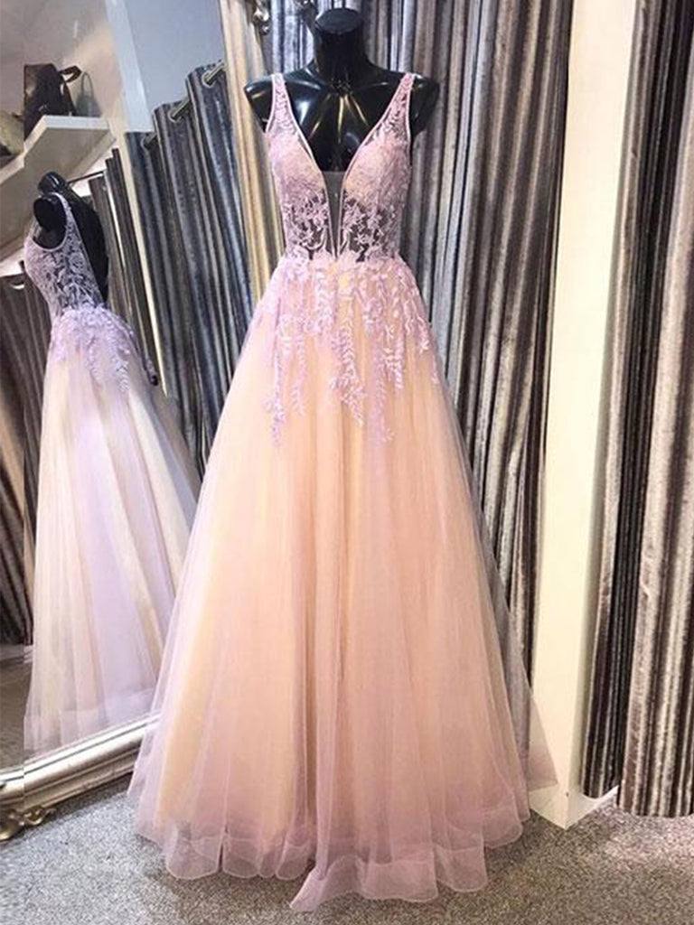Deep V Neck Open Back Pink Lace Long Prom Dresses, Backless Pink Lace Formal Dresses, Lace Pink Evening Dresses