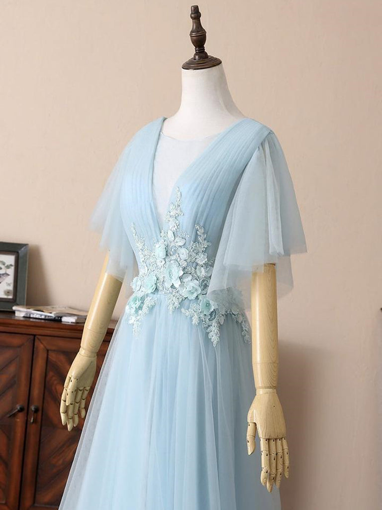 Deep V Neck Open Back Short Sleeves Floral Lace Light Blue Long Prom D Shiny Party Deep V Neck Open Back Short Sleeves Floral Lace Light Blue Long Prom D Shiny Party