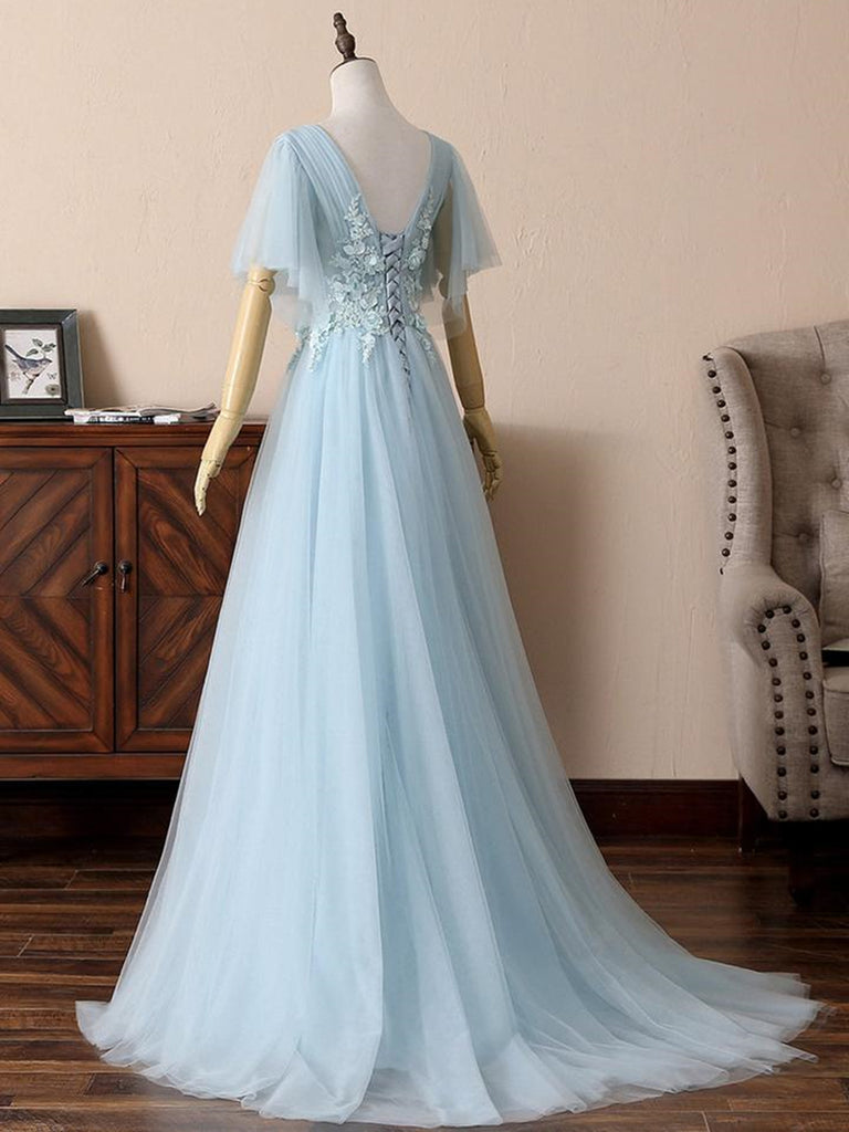 Deep V Neck Open Back Short Sleeves Floral Lace Light Blue Long Prom D Shiny Party Deep V Neck Open Back Short Sleeves Floral Lace Light Blue Long Prom D Shiny Party