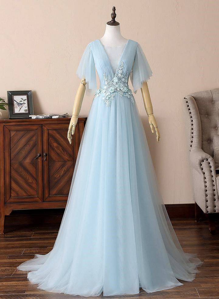 Deep V Neck Open Back Short Sleeves Floral Lace Light Blue Long Prom Dresses, Short Sleeves Light Blue Formal Evening Dresses Deep V Neck Open Back Short Sleeves Floral Lace Light Blue Long Prom Dresses, Short Sleeves Light Blue Formal Evening Dresses