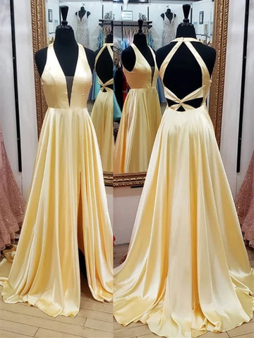 Deep V Neck Open Back Yellow Long Prom Dresses with Leg Slit, Yellow Formal Graduation Evening Dresses