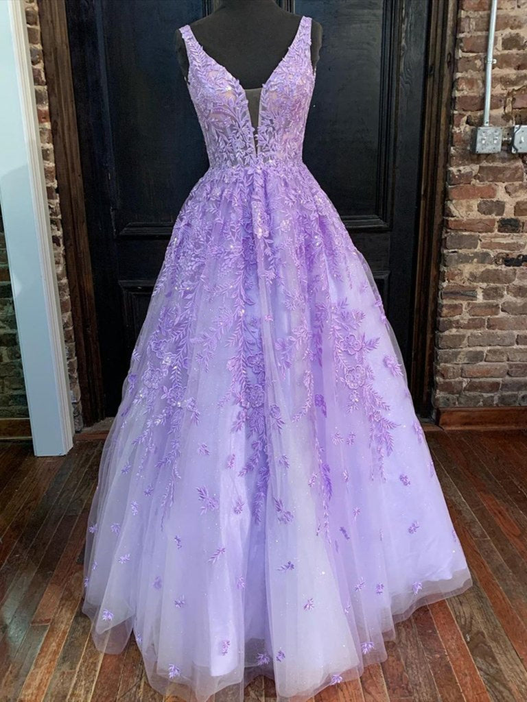 purple graduation dresses Deep V Neck Purple Lace Long Prom Dresses, Purple Lace Formal Graduati – Shiny Party