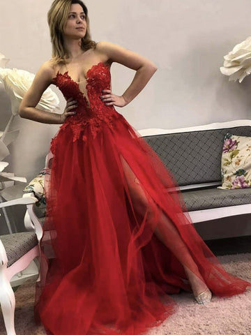 Deep V Neck Red Lace Floral Long Prom Dresses with Slit, Red Lace Formal Dresses, Red Evening Dresses