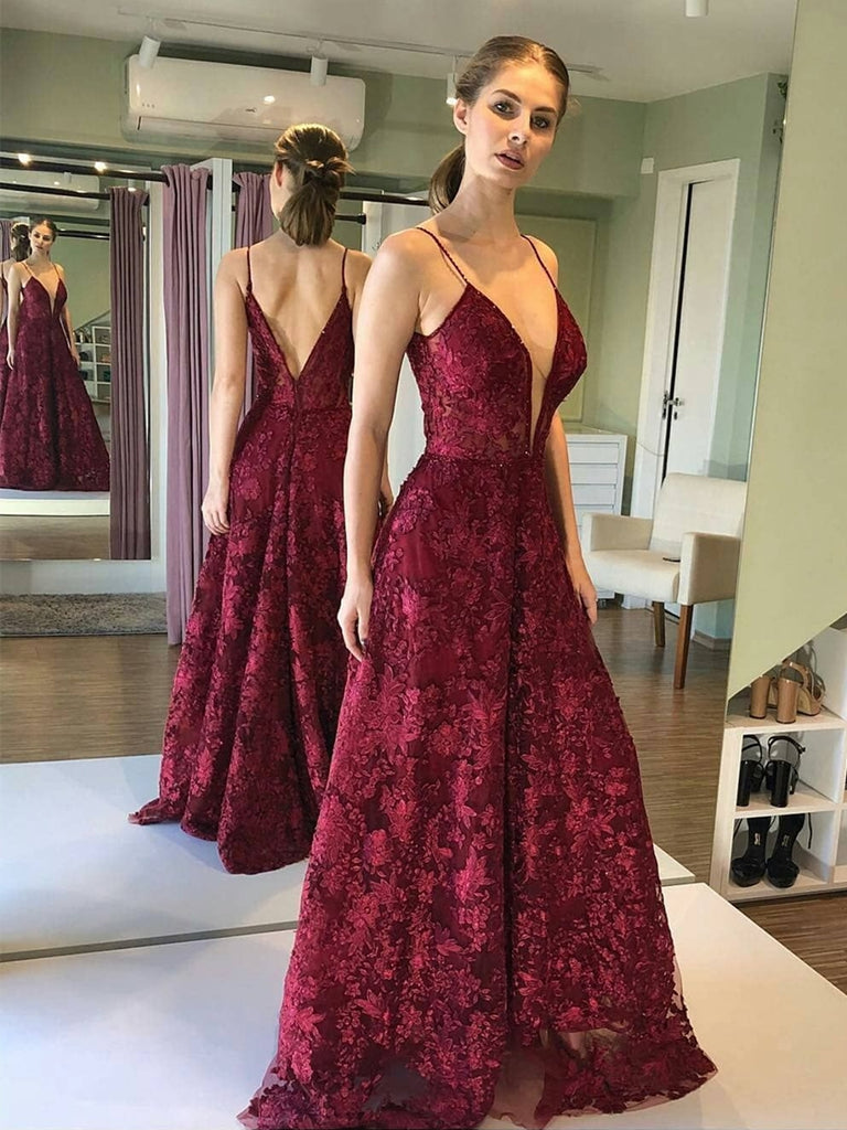 Deep V Neck and V Back Burgundy Lace Long Prom Dresses, Open Back Maro Shiny Party Deep V Neck and V Back Burgundy Lace Long Prom Dresses, Open Back Maro Shiny Party