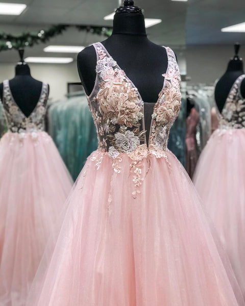Deep V Neck and V Back Pink Lace Floral Long Prom Dresses, Pink Lace Floral Formal Evening Dresses